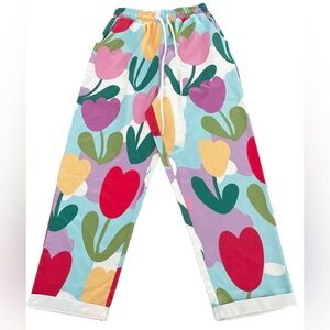 Women's S RETRO Tulips Floral Print Crop Pants Wide Leg with Pockets